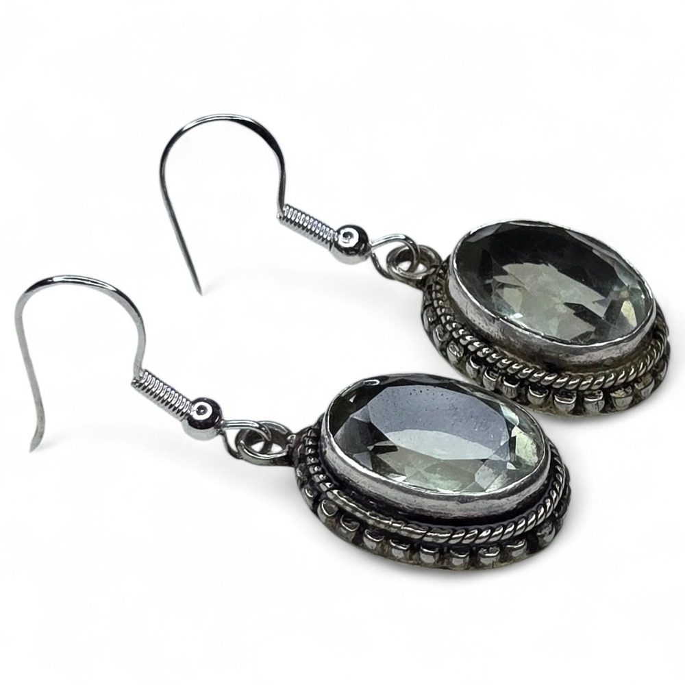 Vintage Sterling Silver 925 Green Amethyst Prasiolite Oval Drop Hook Earrings